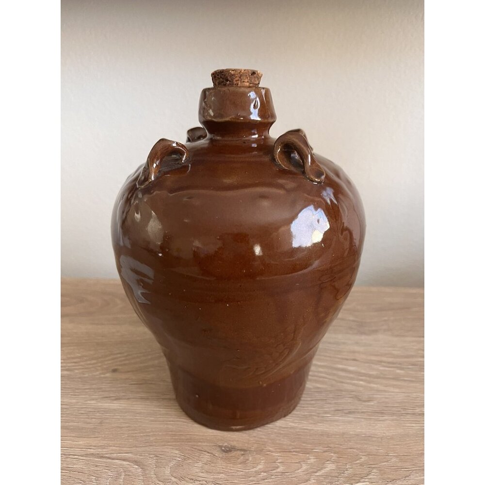 Vintage 8-1/2" Pottery Brown Glazed Rice Wine Bottle Jug w/ Cork Chinese Asian - Picture 13 of 15